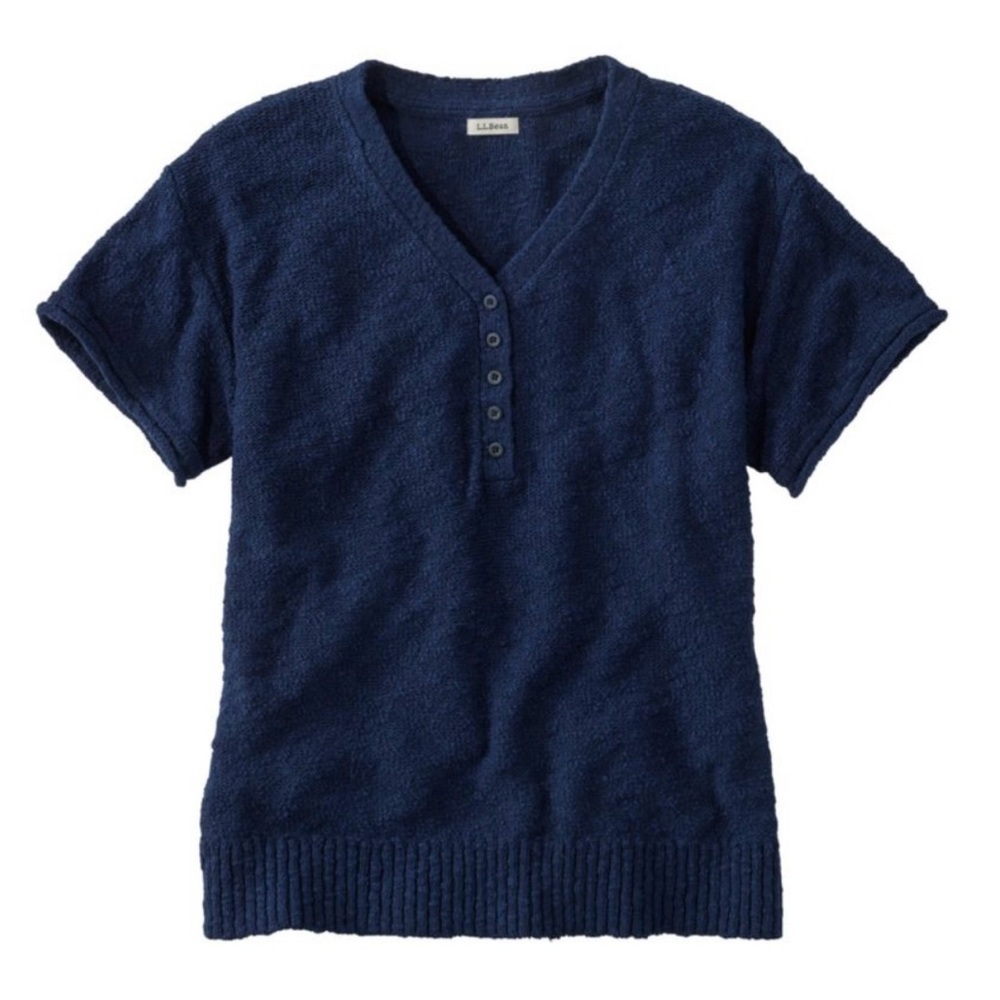LL Bean Classic Navy Short-Sleeve V-neck Cotton Henley Sweater. Like Brand New.